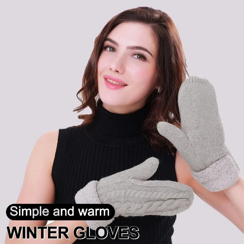 Women's Gray White Winter Warm Imported Fleece Lining Wool Knit Thick Gloves